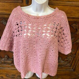 Handmade Crocheted Pink Women Sweater Size L/XL Short Sleeve Pullover Barbiecore